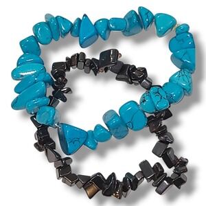 2 Turquoise & Hematite Chip‎ Bead Stretch Bracelets Boho Stack Set